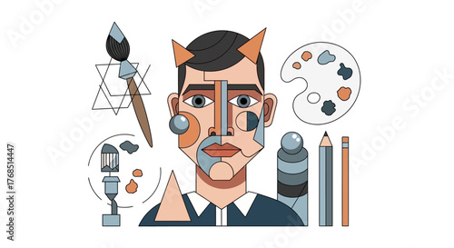 Geometric portrait of an artist surrounded by creative tools and symbolic elements