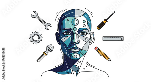 Modern conceptual illustration showcasing a stylized human face with technical tools surrounding it