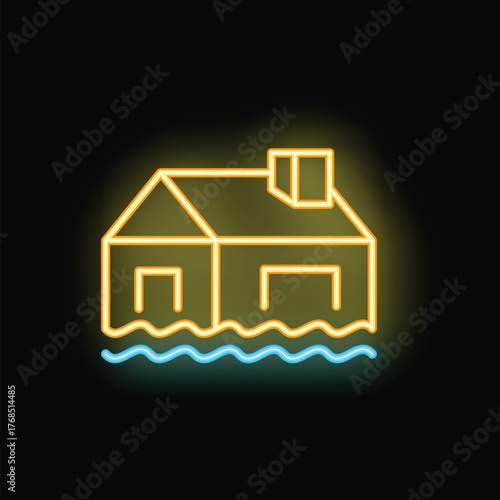 Yellow glowing neon icon of a house flooded by rising water, on a black background