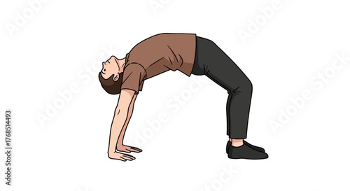 Digital illustration showcasing a man performing a challenging yoga backbend position with