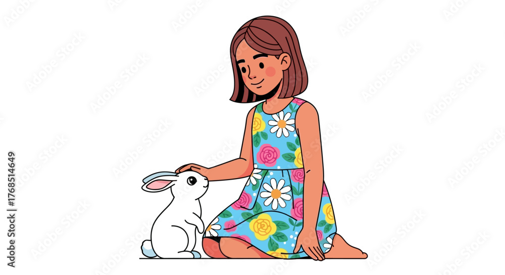 Obraz premium Illustration of a young girl gently petting a cute white rabbit in a sweet bonding moment full of