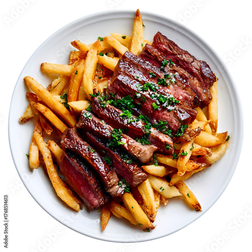 Delicious looking steak frites on a white plate isolated on transparent background