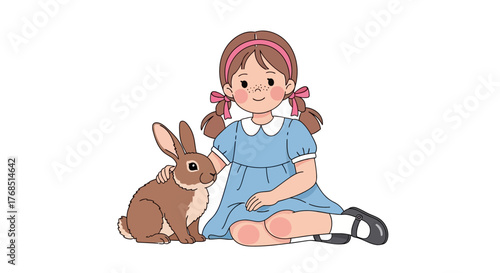 Illustration of a young girl in a blue dress sitting with her pet rabbit companion