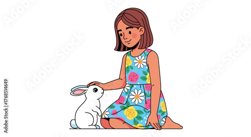 Illustration of a young girl gently petting a cute white rabbit in a sweet bonding moment full of