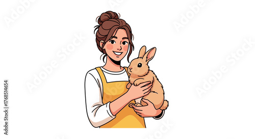 Charming illustration featuring a smiling young woman lovingly holding a fluffy bunny rabbit