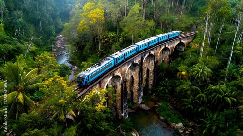 An Unforgettable Vista of Sri Lanka's Hill Country, Featuring the Historic Nine Arch Bridge and the Moment a Beautiful Train Completes its Crossing.