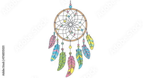Detailed dreamcatcher illustration featuring soft pastel colors and intricate web design