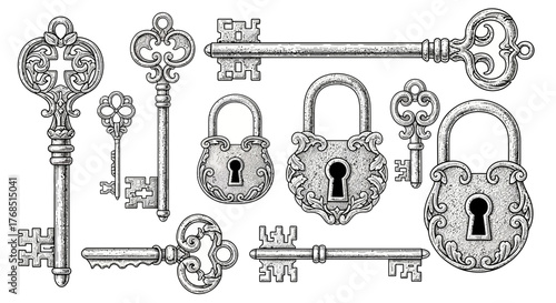 Detailed engraving depicting antique keys and ornate padlocks with intricate designs