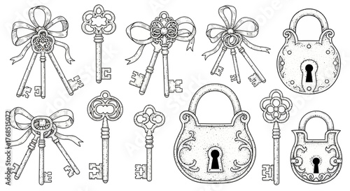 Detailed line art illustration of antique keys with bows and ornate padlocks creating an old-world