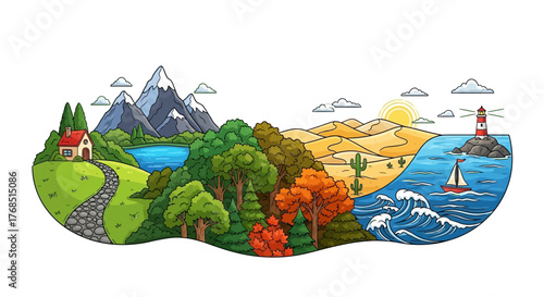 Diverse biomes landscape illustration, showcase mountain, forest, desert and ocean scenery