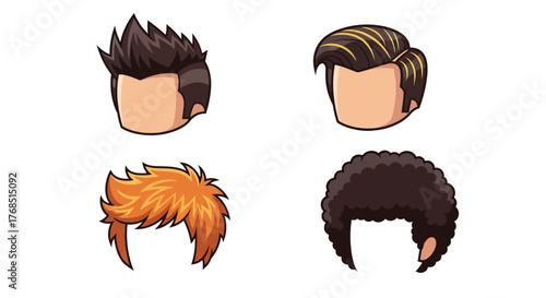 Diverse cartoon hairstyles collection featuring various styles and colors for graphic design