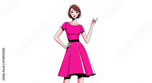Elegant woman in pink dress offering a suggestion with hand gesture illustration