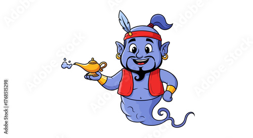 Enchanting cartoon genie character emerging with a golden lamp promising mystical wishes