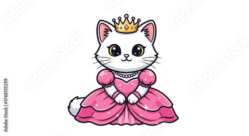 Enchanting cartoon princess kitten with a golden crown and a shimmering pink gown design