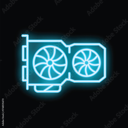 Bright blue neon icon of a powerful gaming video card with two cooling fans, isolated on black background