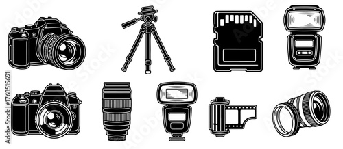 Essential kitchen tools collection including chef's hat, rolling pin, whisk, knife, frying pan, and measuring spoons for culinary inspiration