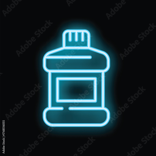 Blue neon sign depicting a bottle of mouthwash on a black background