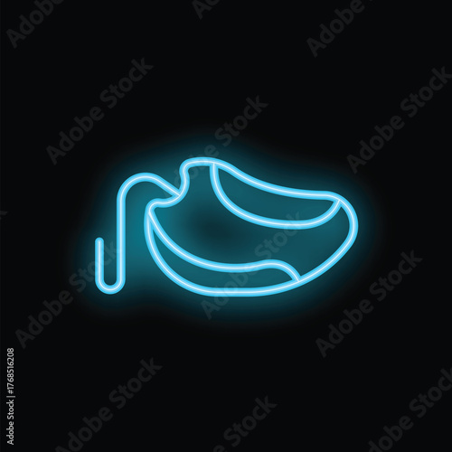 Blue neon sign of a modern sport shoe glowing on a black background
