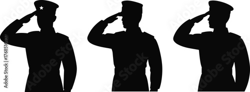 Silhouette of Soldiers Saluting in Military Uniform Vector. Army Officer Salute Silhouettes Isolated on White Background.