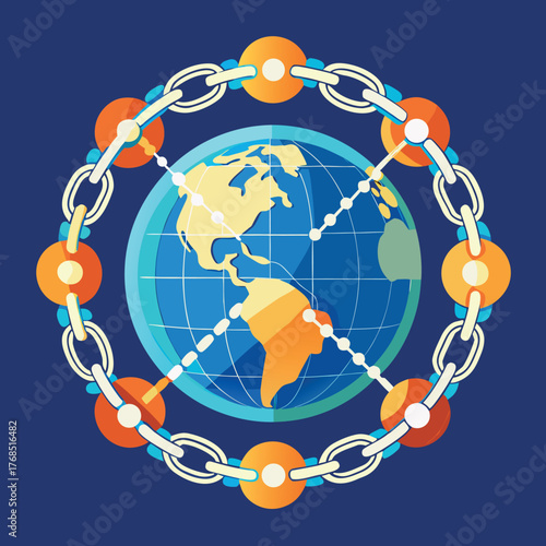 Global blockchain network with interconnected digital chain links encircling the planet representing secure data transfer and decentralized technology