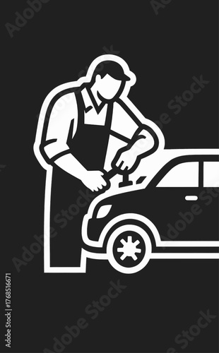Stylized icon of an auto mechanic in an apron using a wrench for car maintenance and engine repair service