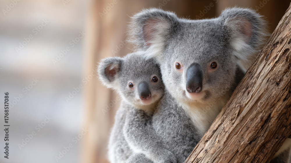 Obraz premium Mother koala and joey in wildlife shelter embracing safety and care