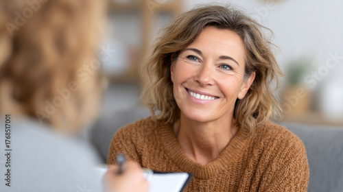 Psychotherapy session in warm room with smiling therapist and client interaction