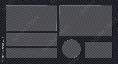 Transparent glass flat banner plate. Set of empty shining frames, showcases icon set. glass frames and shape symbol. vector illustration.