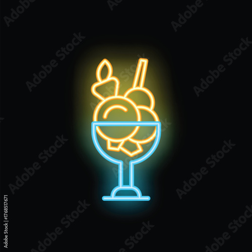 Vibrant neon sign illustrating a delicious ice cream sundae topped with a candle and a cherry