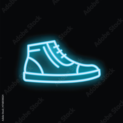 Bright blue neon sign of a sneaker shoe is glowing on a black background