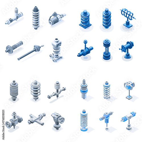 Isometric illustration of mechanical springs, valves, and industrial components in blue gradient style. Ideal for manufacturing, machinery, and engineering design concepts.