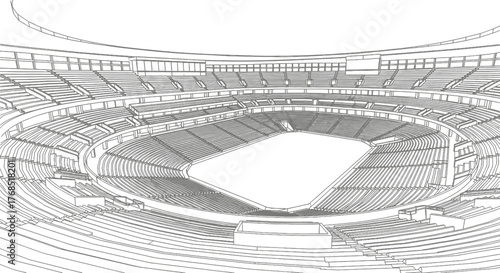 An architectural drawing of a large stadium with multiple tiers of seating and a central playing field.