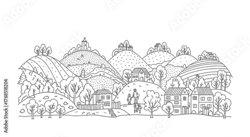 Detailed black and white illustration of a rural landscape with houses, hills, and trees.