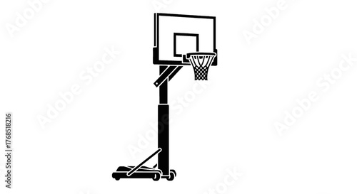 Black and white silhouette of a portable basketball hoop with a wheeled base, isolated on a white background.