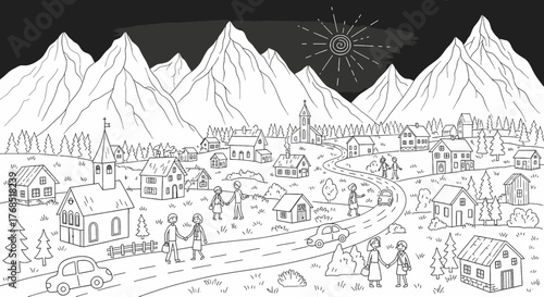 A charming black and white illustration of a quaint village nestled in a valley surrounded by majestic mountains under a starry sky.