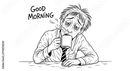 A tired, disheveled man with dark circles under his eyes sips coffee from a mug, with "Good Morning" text above him, depicting morning exhaustion.