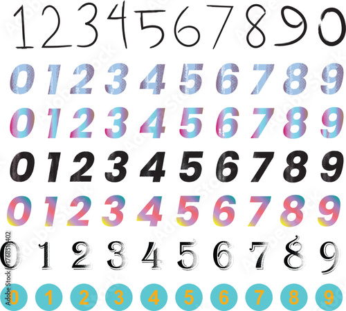 Collection of numbers in various styles and colors digits counting.