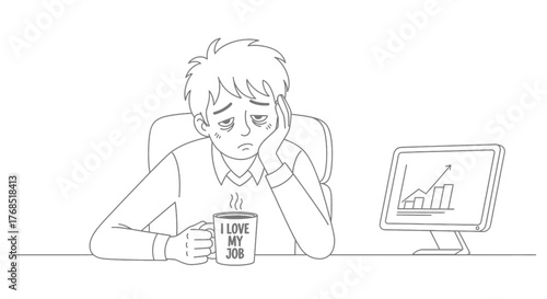 A tired and unmotivated office worker sits at a desk with a mug that says "I LOVE MY JOB" and a computer screen showing a declining graph.