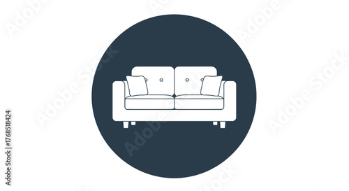 Minimalist white line art icon of a two-seater sofa inside a dark circular background.