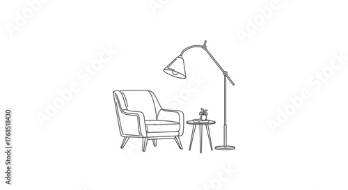 A minimalist line drawing depicts a comfortable armchair next to a small side table with a lamp arching over it.