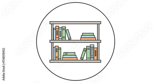 A detailed illustration of a bookshelf with books of various colors and sizes, inside a white circle.