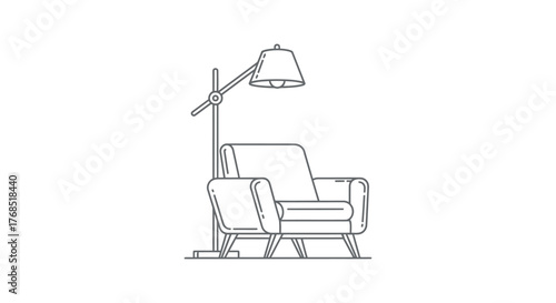 Minimalist line art illustration of a cozy armchair and a modern floor lamp for reading on a white background.