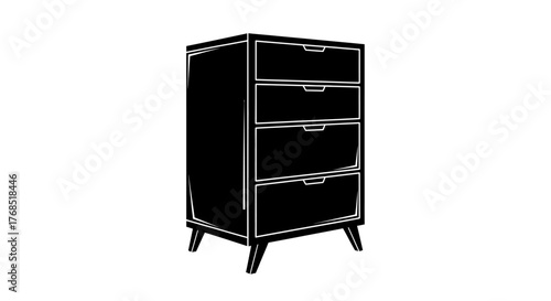 A black and white illustration of a tall, narrow chest of drawers with four drawers and tapered legs.