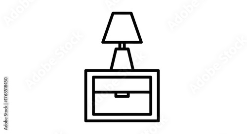 Line art drawing of a bedside table with a lamp on top and a single drawer, illustrating home furniture.