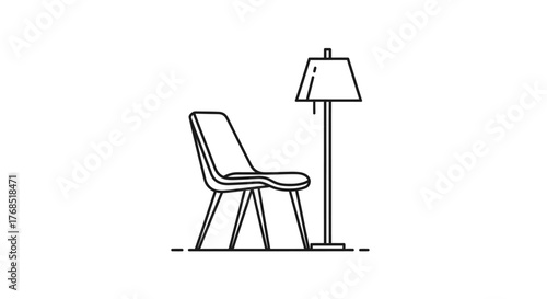 Illustration of a chair and a floor lamp, minimalist design, black and white line art.