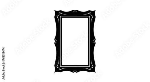 Ornate black vintage picture frame with an empty white center, isolated on a white background.