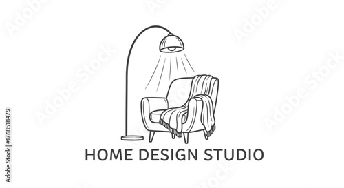 Line art illustration of a cozy armchair with a blanket and a floor lamp, representing a home design studio logo.