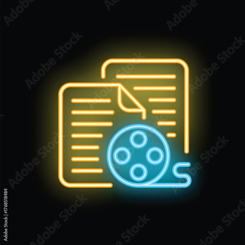 Neon glowing icon of filmmaking process with film reel and paper sheets representing scriptwriting