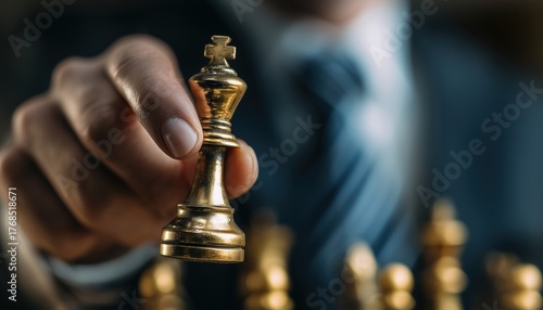 Team Leader Strategizing Financial Business Plans With Chess Piece In Hand. A Strategic Approach To Financial Decision-Making Implemented By A Team Leader.