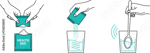 Step-by-Step Health Mix Drink Preparation – Pouring Powder from Sachet into Water and Stirring with Spoon Instructional Vector Illustration